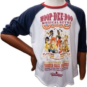 Hoop-Dee-Doo Musical Revue Raglan Tee - White & Navy. Youth large/women’s small